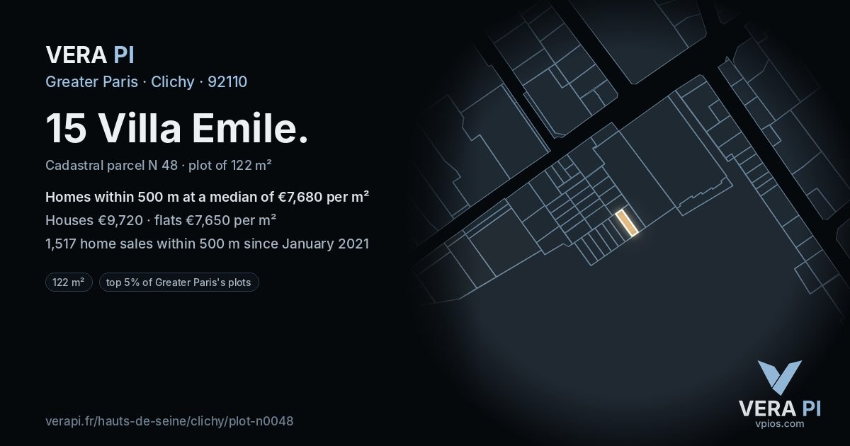 15 Villa Emile, Clichy at night – the plot lit, the parcels around coloured by the prices near them