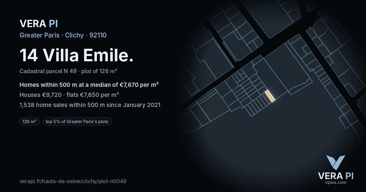 14 Villa Emile, Clichy at night – the plot lit, the parcels around coloured by the prices near them
