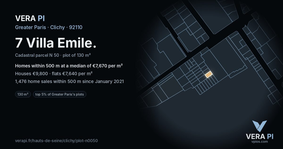 7 Villa Emile, Clichy at night – the plot lit, the parcels around coloured by the prices near them