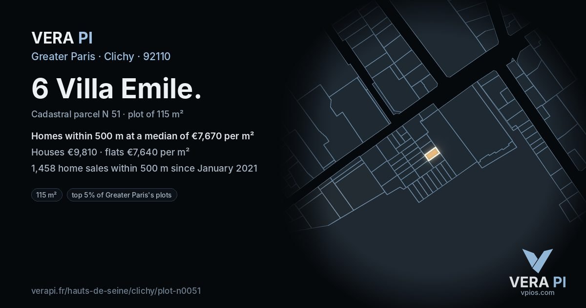 6 Villa Emile, Clichy at night – the plot lit, the parcels around coloured by the prices near them