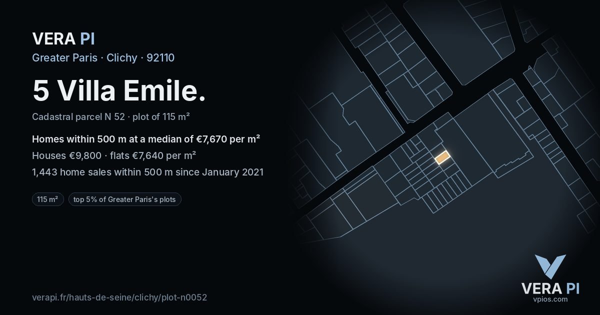 5 Villa Emile, Clichy at night – the plot lit, the parcels around coloured by the prices near them