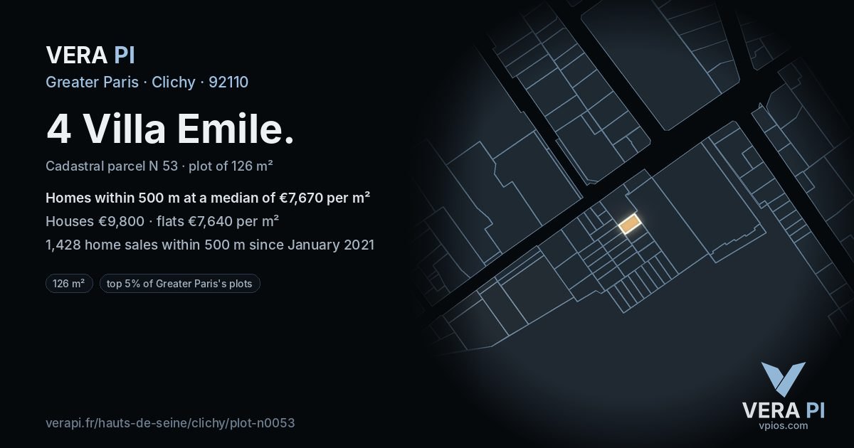 4 Villa Emile, Clichy at night – the plot lit, the parcels around coloured by the prices near them