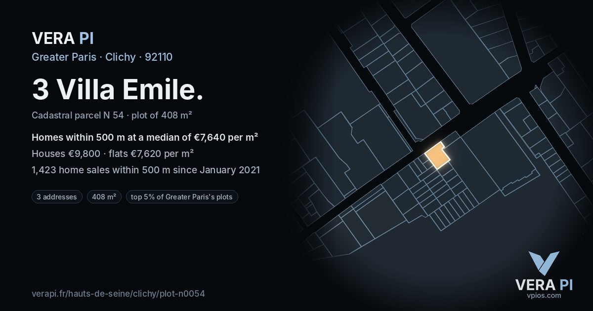 3 Villa Emile, Clichy at night – the plot lit, the parcels around coloured by the prices near them