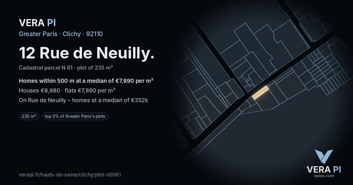 12 Rue de Neuilly, Clichy at night – the plot lit, the parcels around coloured by the prices near them