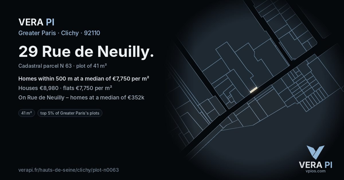 29 Rue de Neuilly, Clichy at night – the plot lit, the parcels around coloured by the prices near them