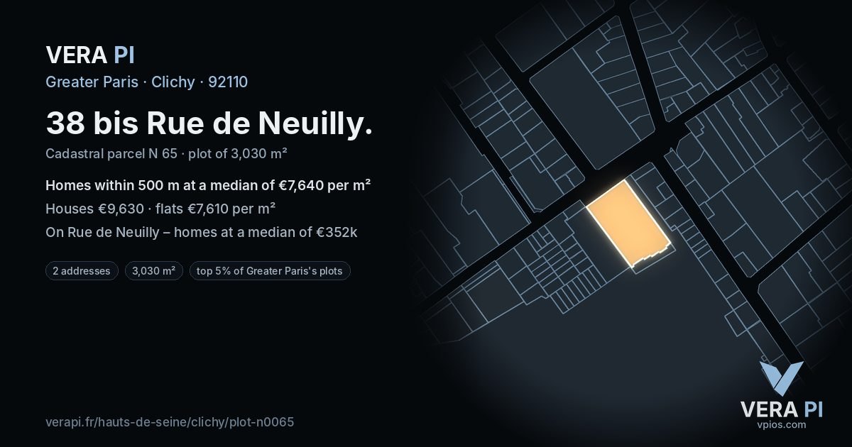38 bis Rue de Neuilly, Clichy at night – the plot lit, the parcels around coloured by the prices near them