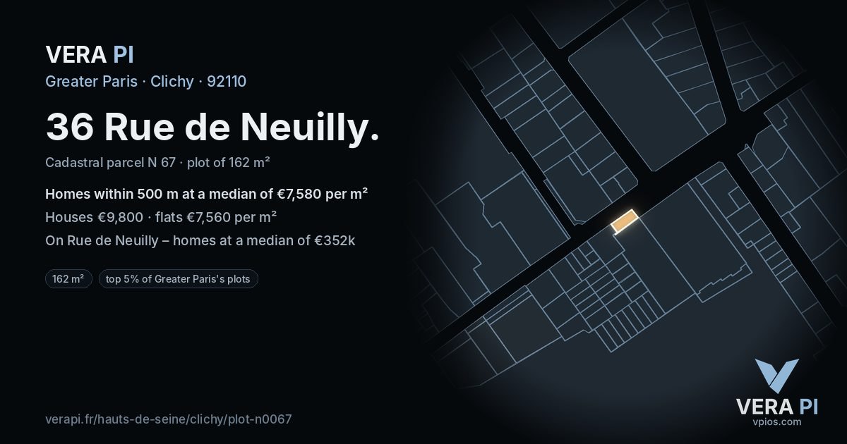 36 Rue de Neuilly, Clichy at night – the plot lit, the parcels around coloured by the prices near them