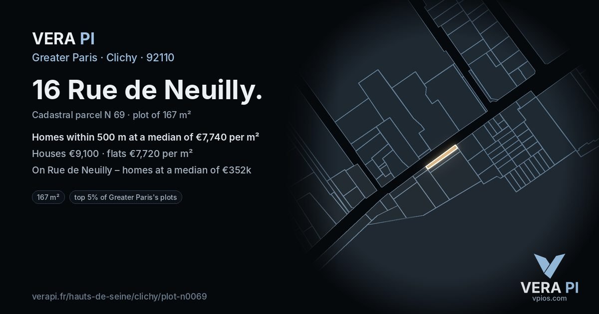 16 Rue de Neuilly, Clichy at night – the plot lit, the parcels around coloured by the prices near them