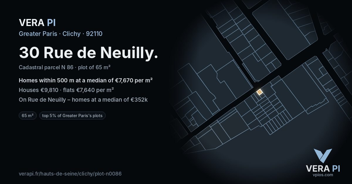 30 Rue de Neuilly, Clichy at night – the plot lit, the parcels around coloured by the prices near them