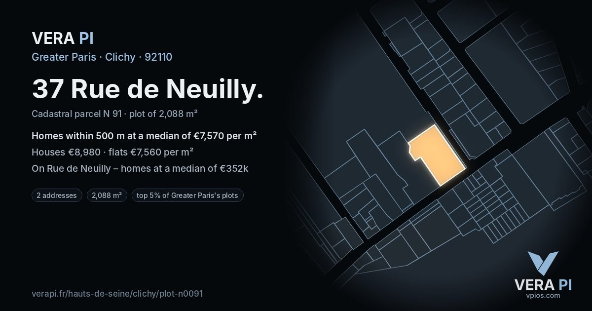 37 Rue de Neuilly, Clichy at night – the plot lit, the parcels around coloured by the prices near them