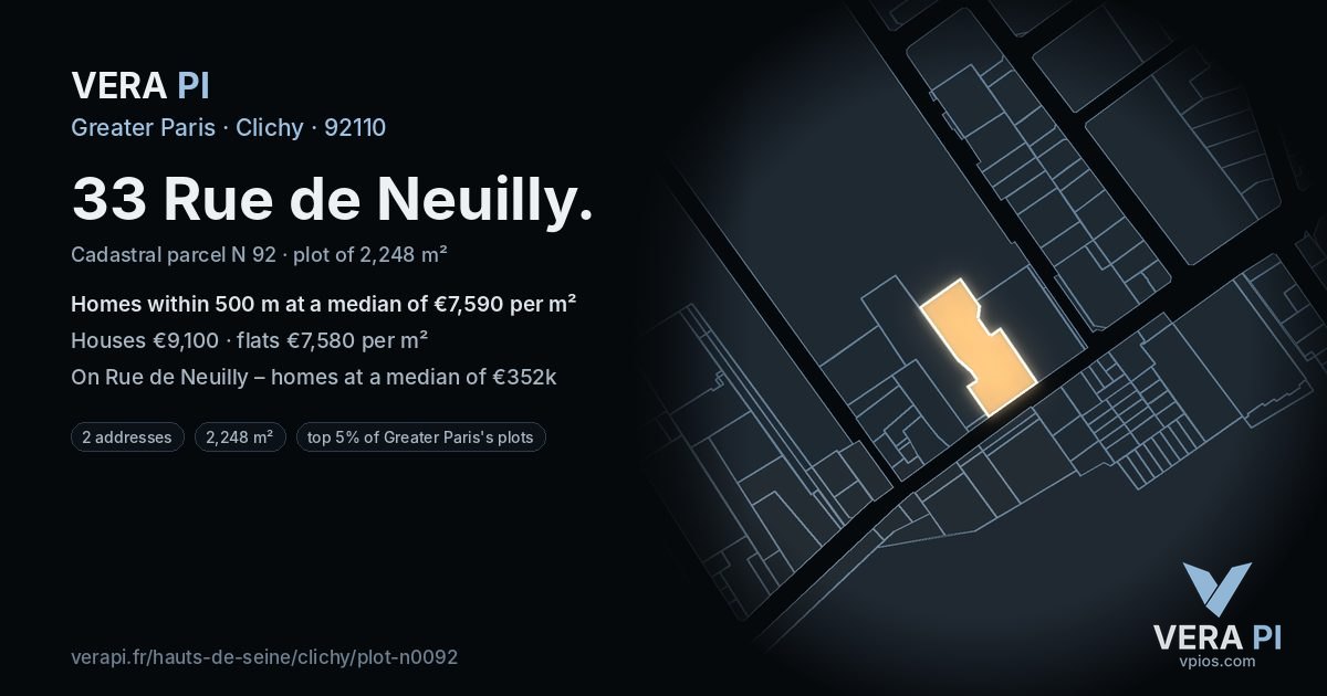 33 Rue de Neuilly, Clichy at night – the plot lit, the parcels around coloured by the prices near them