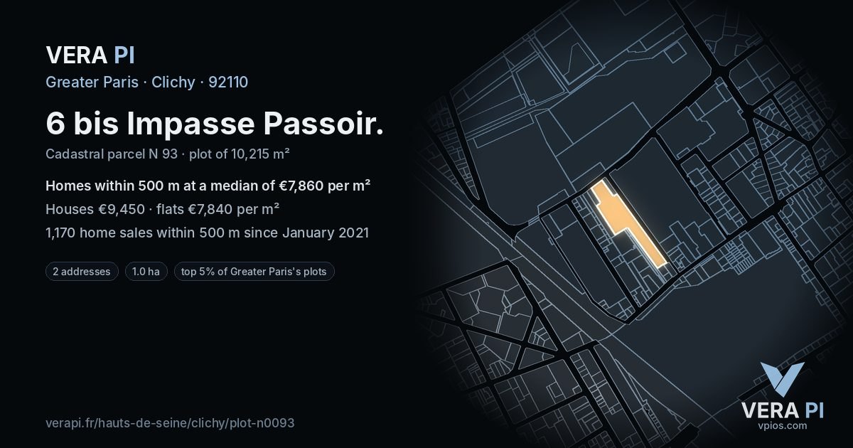 6 bis Impasse Passoir, Clichy at night – the plot lit, the parcels around coloured by the prices near them