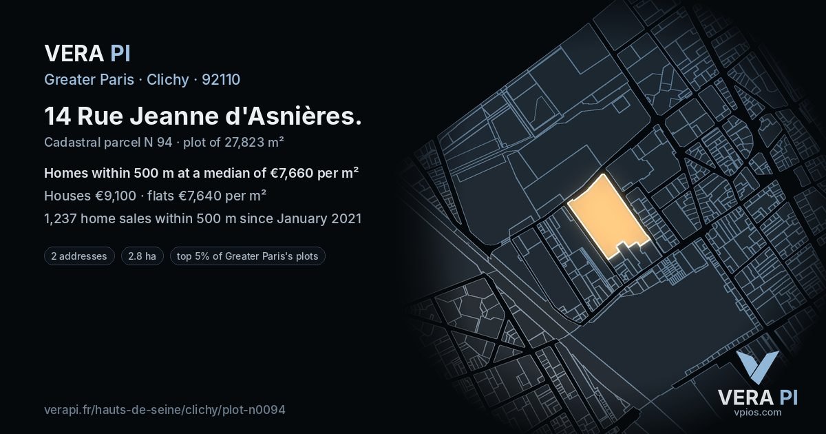 14 Rue Jeanne d'Asnières, Clichy at night – the plot lit, the parcels around coloured by the prices near them