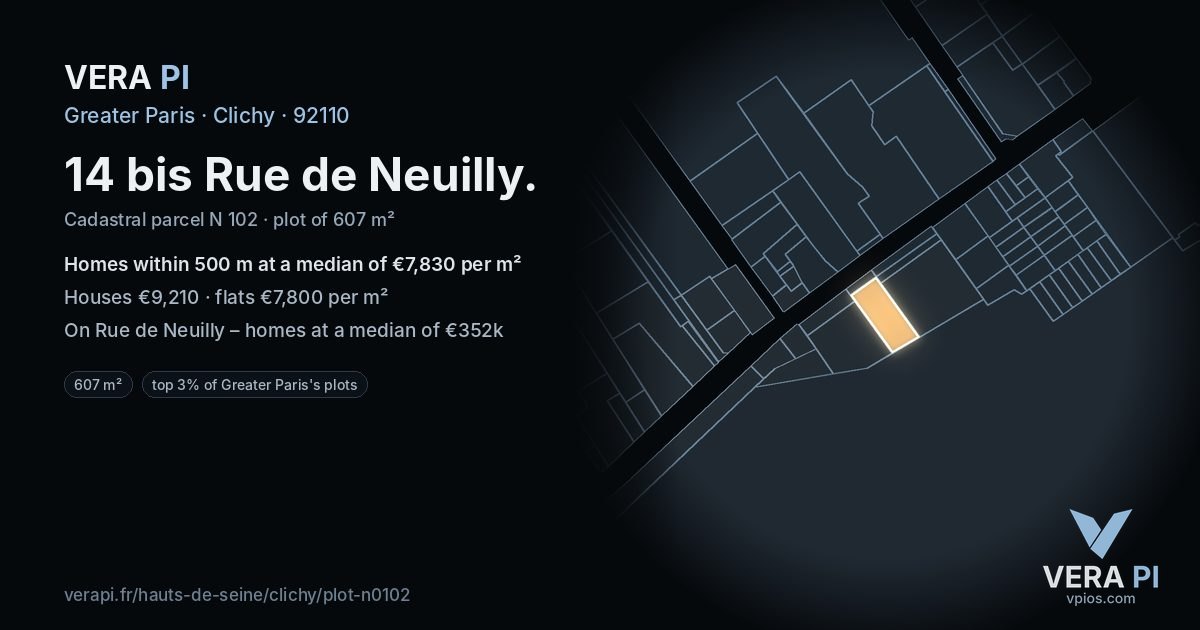 14 bis Rue de Neuilly, Clichy at night – the plot lit, the parcels around coloured by the prices near them
