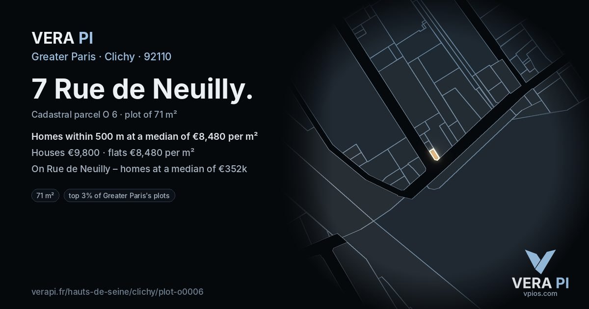 7 Rue de Neuilly, Clichy at night – the plot lit, the parcels around coloured by the prices near them