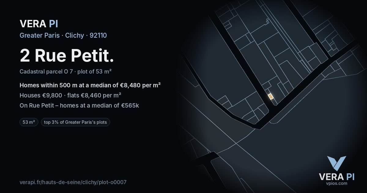 2 Rue Petit, Clichy at night – the plot lit, the parcels around coloured by the prices near them