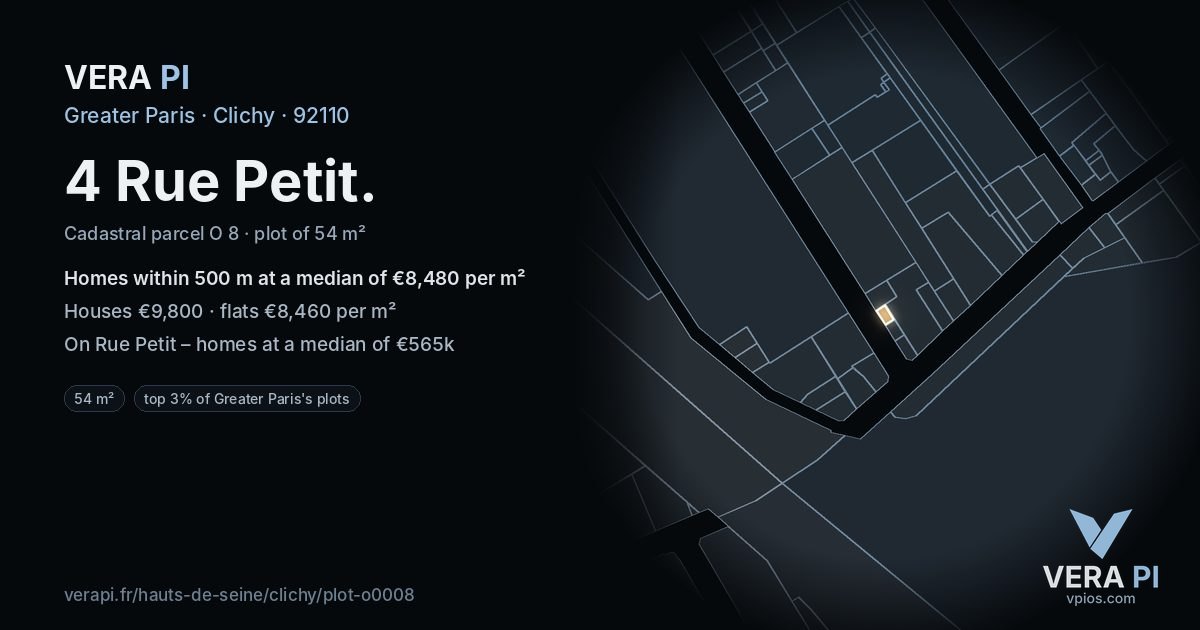 4 Rue Petit, Clichy at night – the plot lit, the parcels around coloured by the prices near them