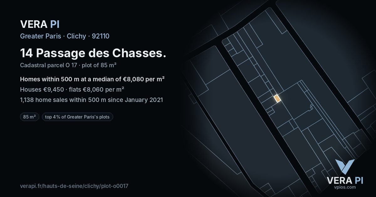 14 Passage des Chasses, Clichy at night – the plot lit, the parcels around coloured by the prices near them