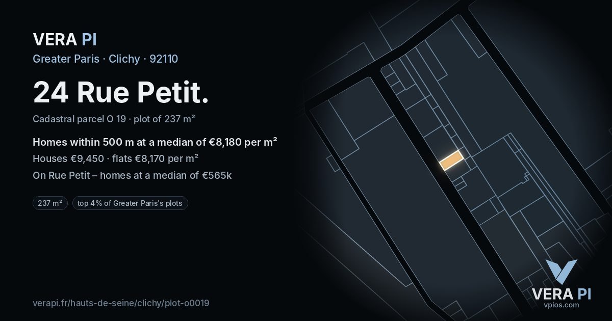 24 Rue Petit, Clichy at night – the plot lit, the parcels around coloured by the prices near them