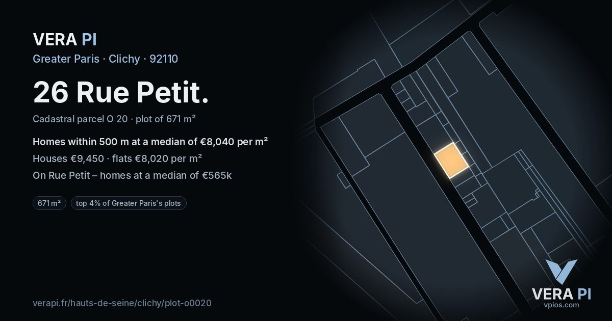 26 Rue Petit, Clichy at night – the plot lit, the parcels around coloured by the prices near them