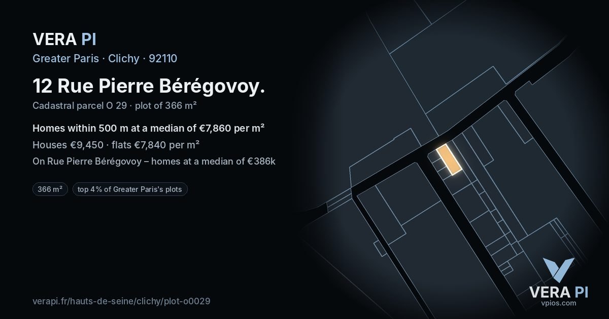 12 Rue Pierre Bérégovoy, Clichy at night – the plot lit, the parcels around coloured by the prices near them
