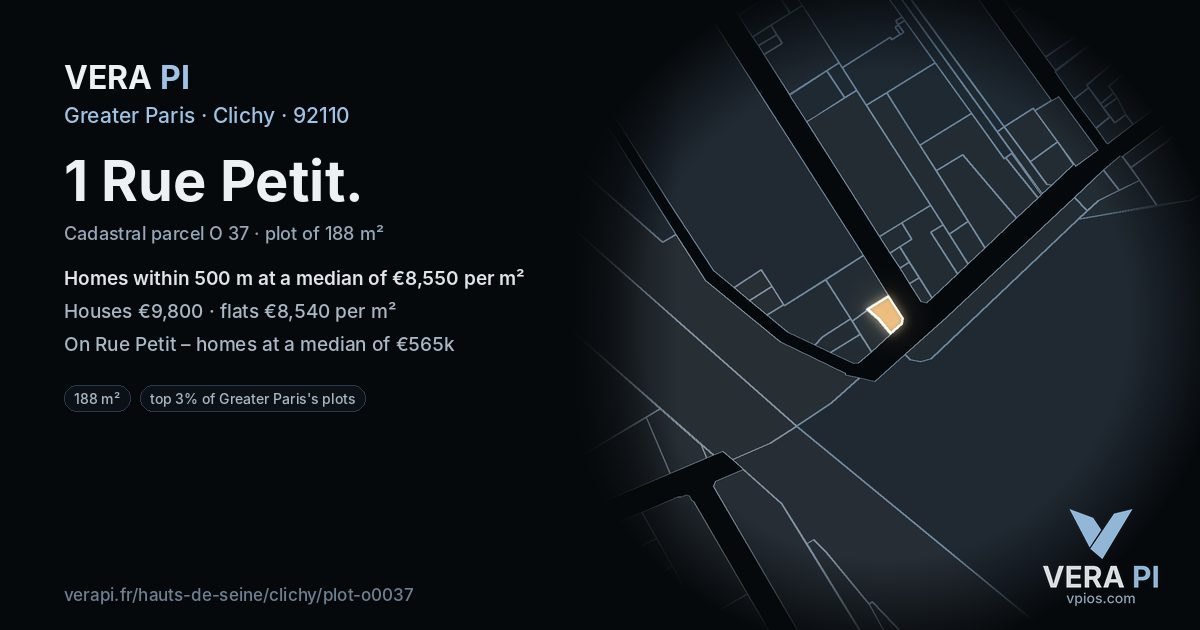 1 Rue Petit, Clichy at night – the plot lit, the parcels around coloured by the prices near them