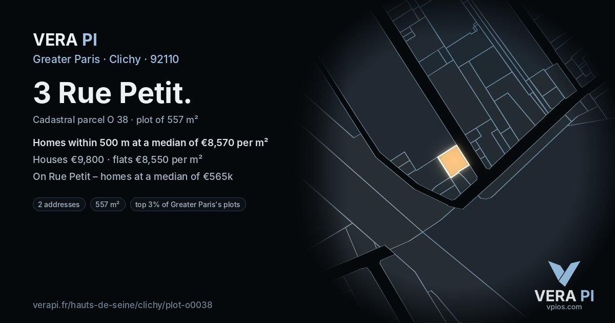 3 Rue Petit, Clichy at night – the plot lit, the parcels around coloured by the prices near them