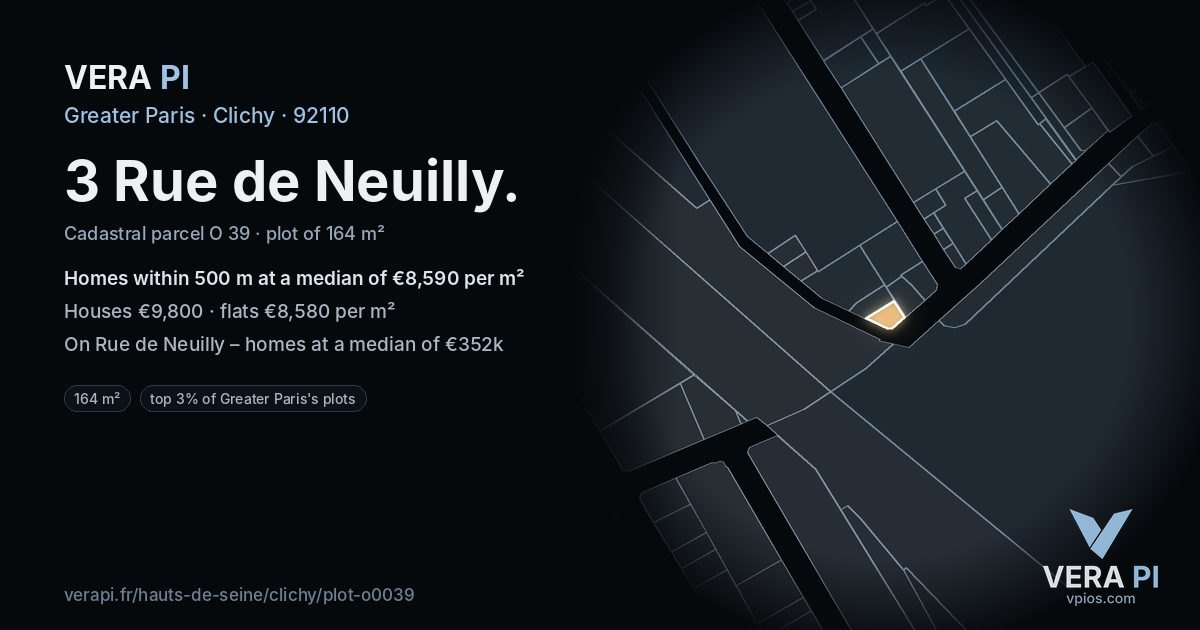 3 Rue de Neuilly, Clichy at night – the plot lit, the parcels around coloured by the prices near them
