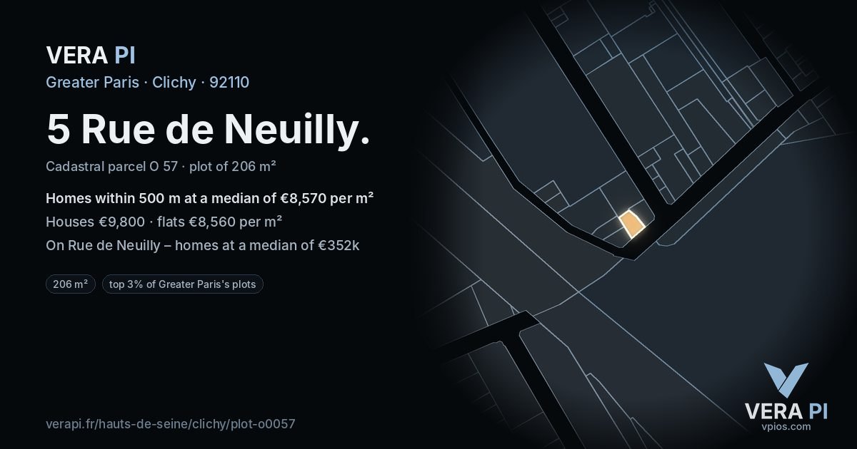 5 Rue de Neuilly, Clichy at night – the plot lit, the parcels around coloured by the prices near them