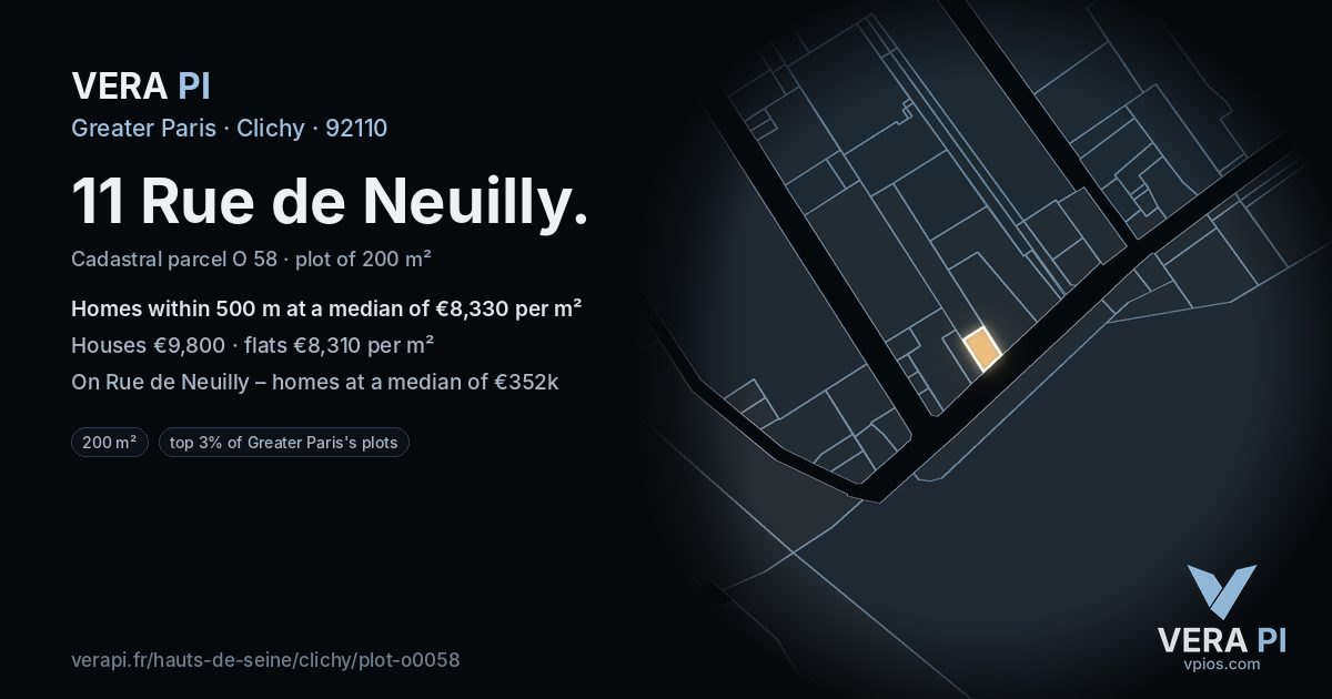 11 Rue de Neuilly, Clichy at night – the plot lit, the parcels around coloured by the prices near them