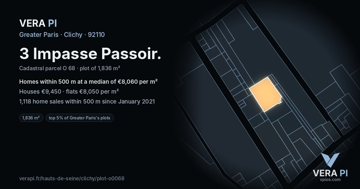 3 Impasse Passoir, Clichy at night – the plot lit, the parcels around coloured by the prices near them