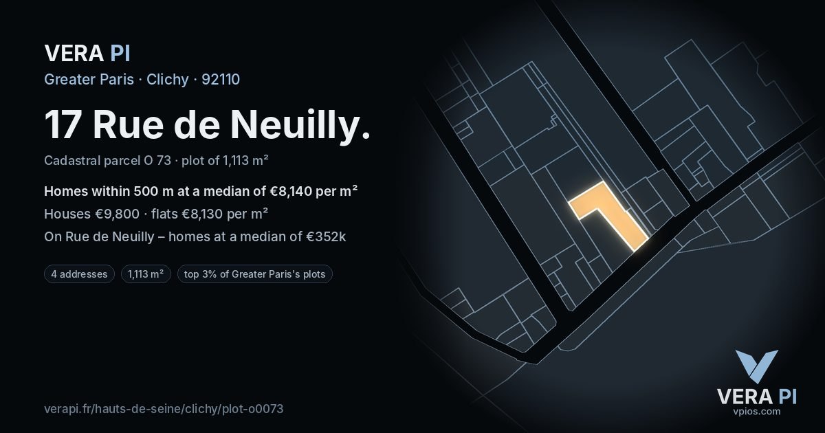 17 Rue de Neuilly, Clichy at night – the plot lit, the parcels around coloured by the prices near them