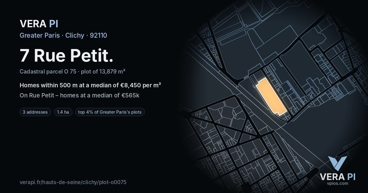 7 Rue Petit, Clichy at night – the plot lit, the parcels around coloured by the prices near them