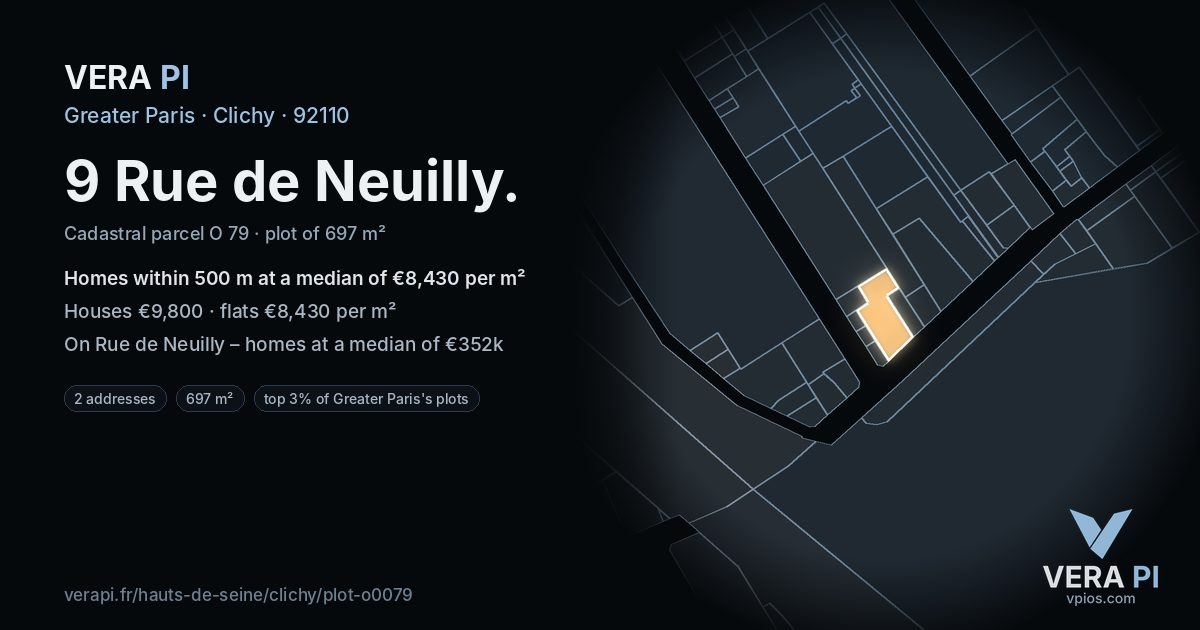 9 Rue de Neuilly, Clichy at night – the plot lit, the parcels around coloured by the prices near them