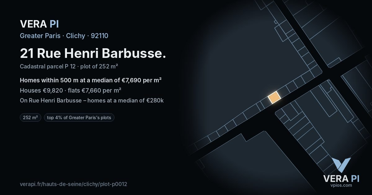 21 Rue Henri Barbusse, Clichy at night – the plot lit, the parcels around coloured by the prices near them