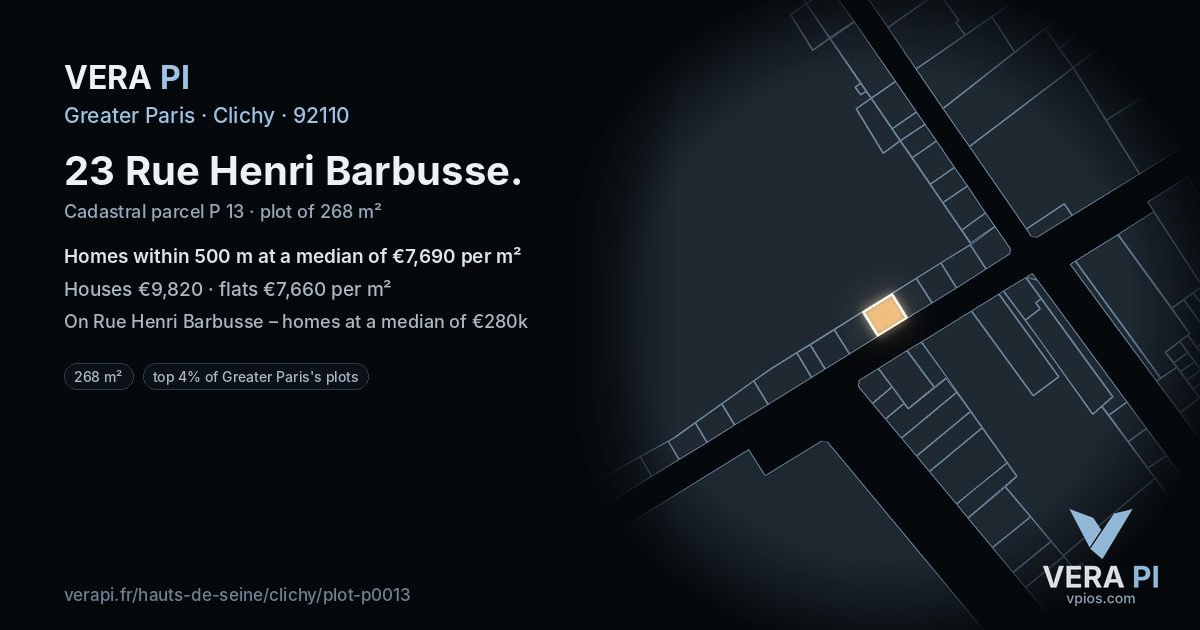 23 Rue Henri Barbusse, Clichy at night – the plot lit, the parcels around coloured by the prices near them