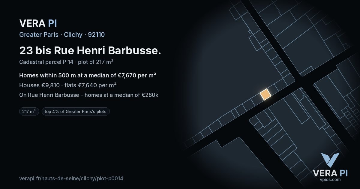23 bis Rue Henri Barbusse, Clichy at night – the plot lit, the parcels around coloured by the prices near them
