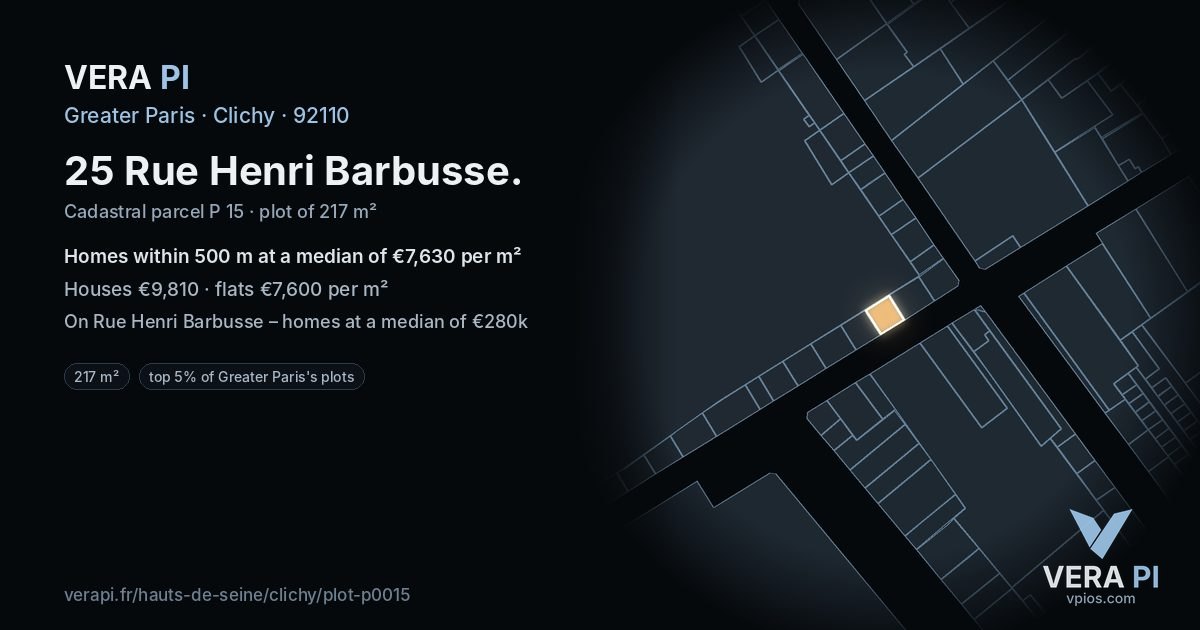 25 Rue Henri Barbusse, Clichy at night – the plot lit, the parcels around coloured by the prices near them