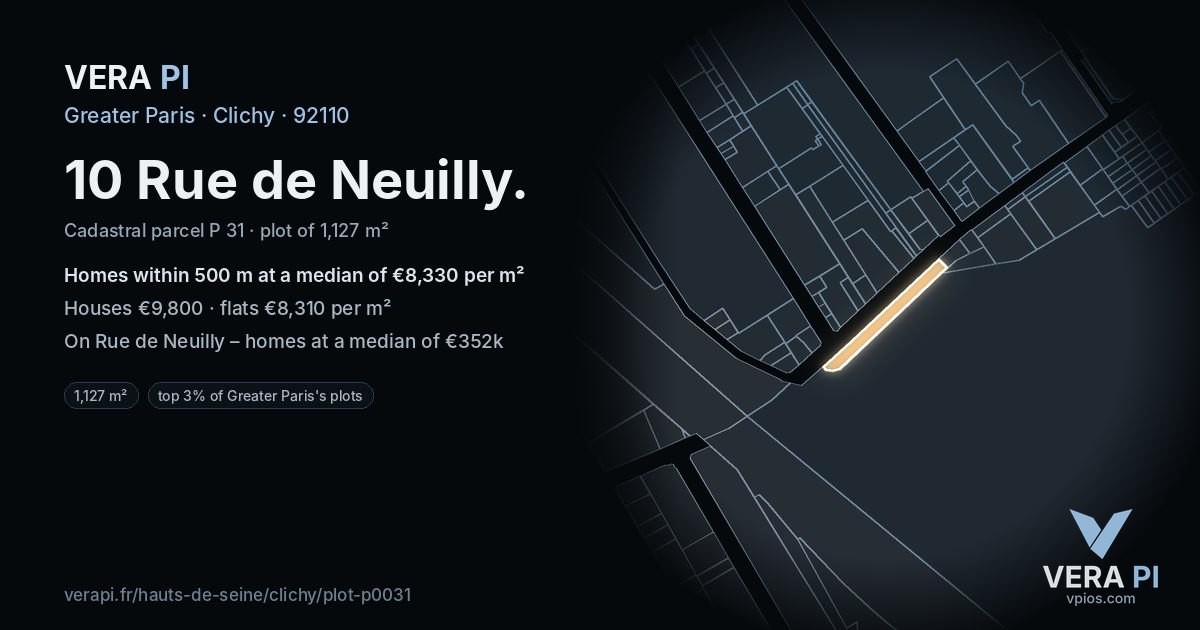 10 Rue de Neuilly, Clichy at night – the plot lit, the parcels around coloured by the prices near them