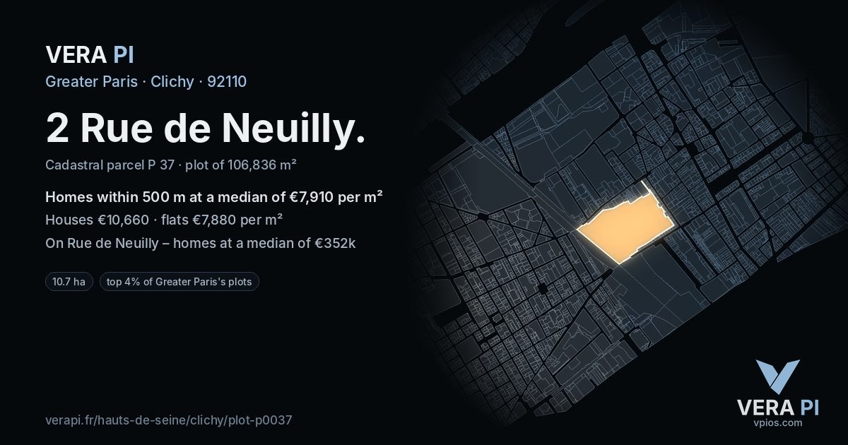 2 Rue de Neuilly, Clichy at night – the plot lit, the parcels around coloured by the prices near them