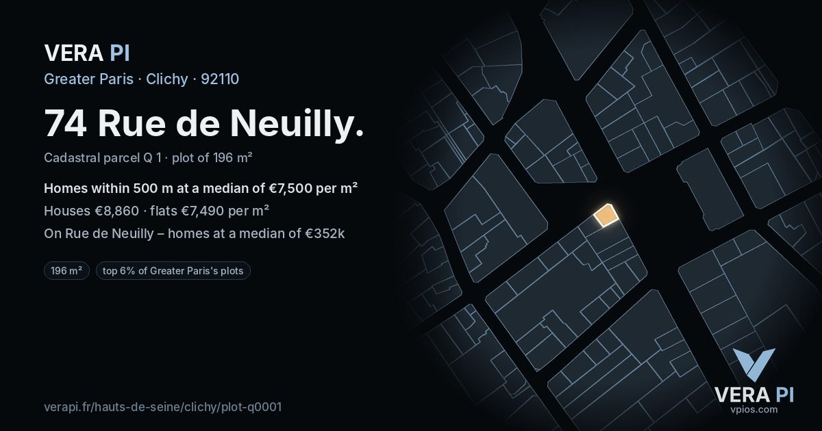 74 Rue de Neuilly, Clichy at night – the plot lit, the parcels around coloured by the prices near them