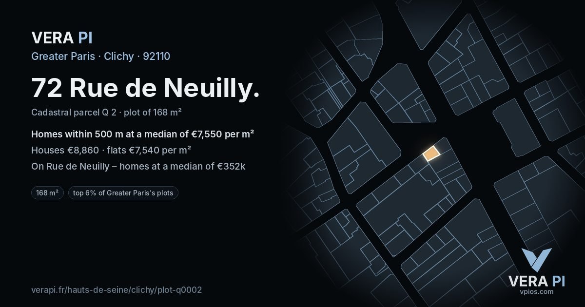 72 Rue de Neuilly, Clichy at night – the plot lit, the parcels around coloured by the prices near them