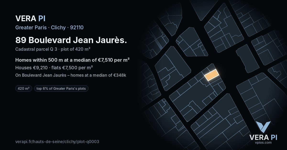 89 Boulevard Jean Jaurès, Clichy at night – the plot lit, the parcels around coloured by the prices near them
