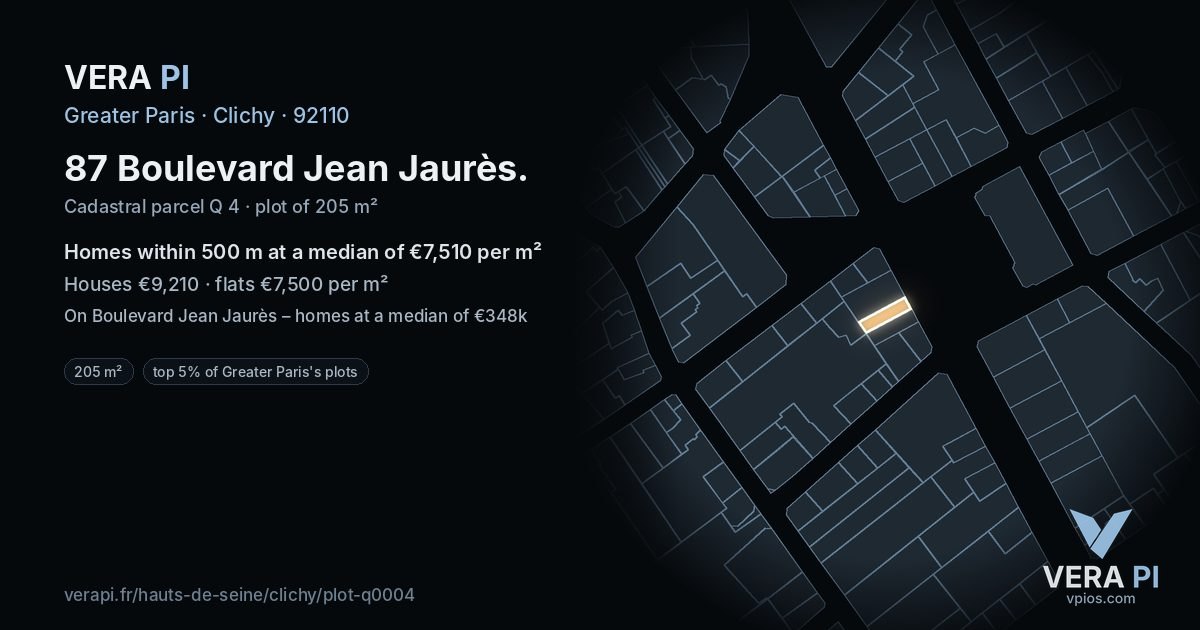 87 Boulevard Jean Jaurès, Clichy at night – the plot lit, the parcels around coloured by the prices near them
