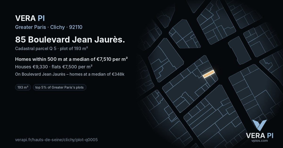 85 Boulevard Jean Jaurès, Clichy at night – the plot lit, the parcels around coloured by the prices near them