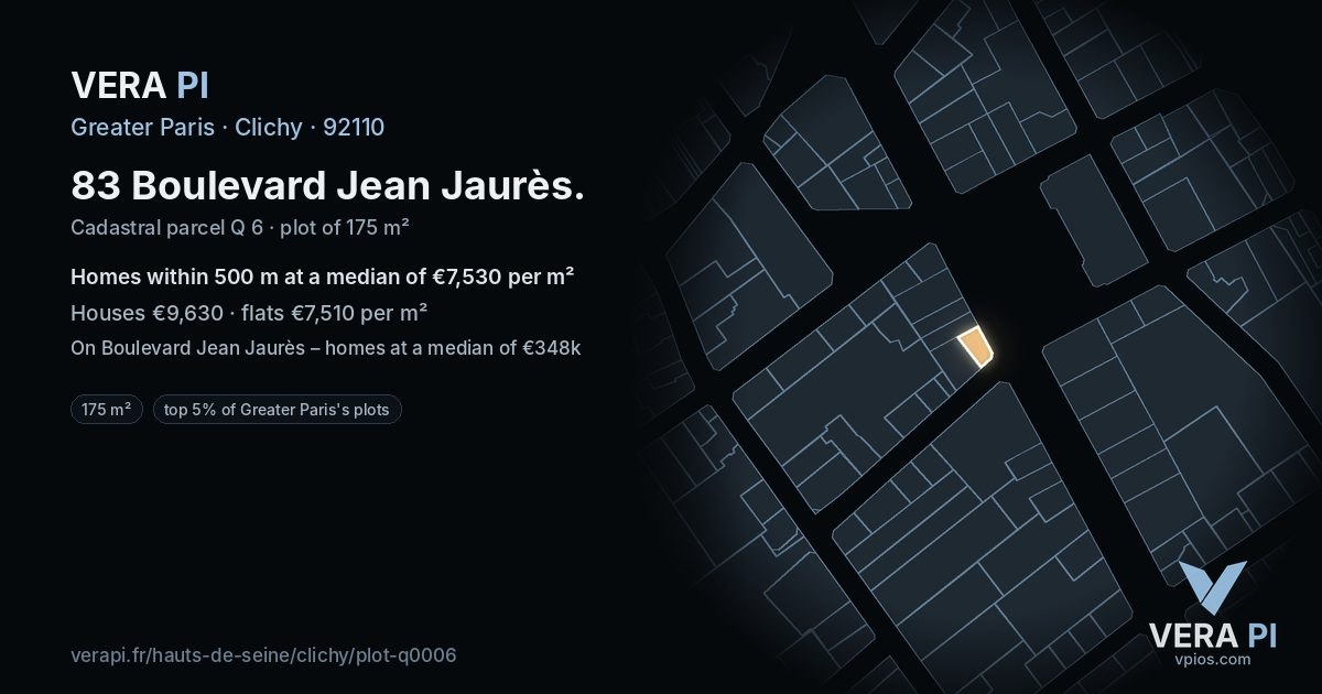 83 Boulevard Jean Jaurès, Clichy at night – the plot lit, the parcels around coloured by the prices near them