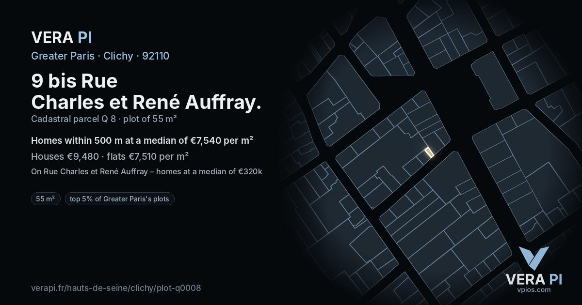 9 bis Rue Charles et René Auffray, Clichy at night – the plot lit, the parcels around coloured by the prices near them
