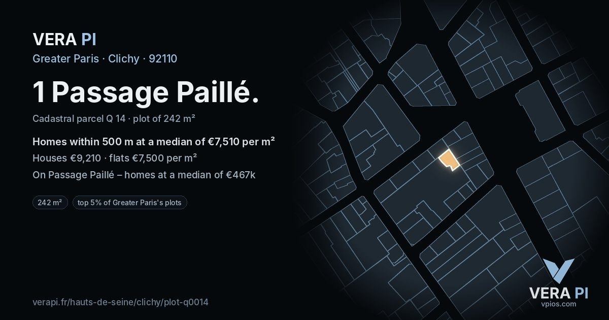 1 Passage Paillé, Clichy at night – the plot lit, the parcels around coloured by the prices near them