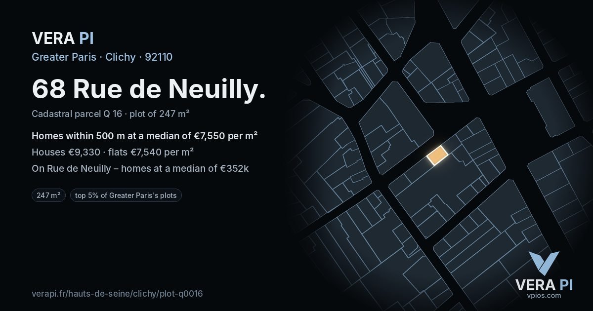 68 Rue de Neuilly, Clichy at night – the plot lit, the parcels around coloured by the prices near them