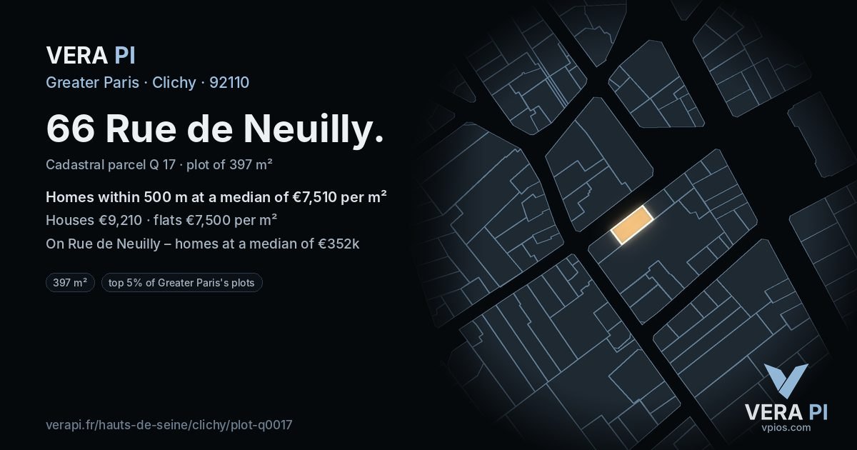 66 Rue de Neuilly, Clichy at night – the plot lit, the parcels around coloured by the prices near them